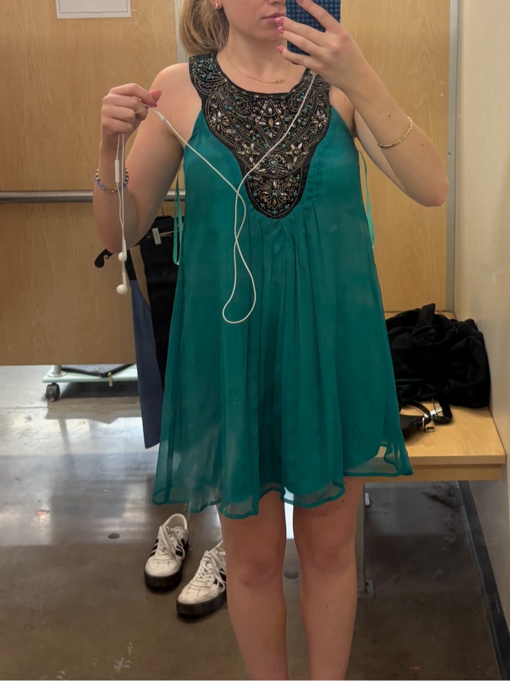 Teal dress with beaded neckline